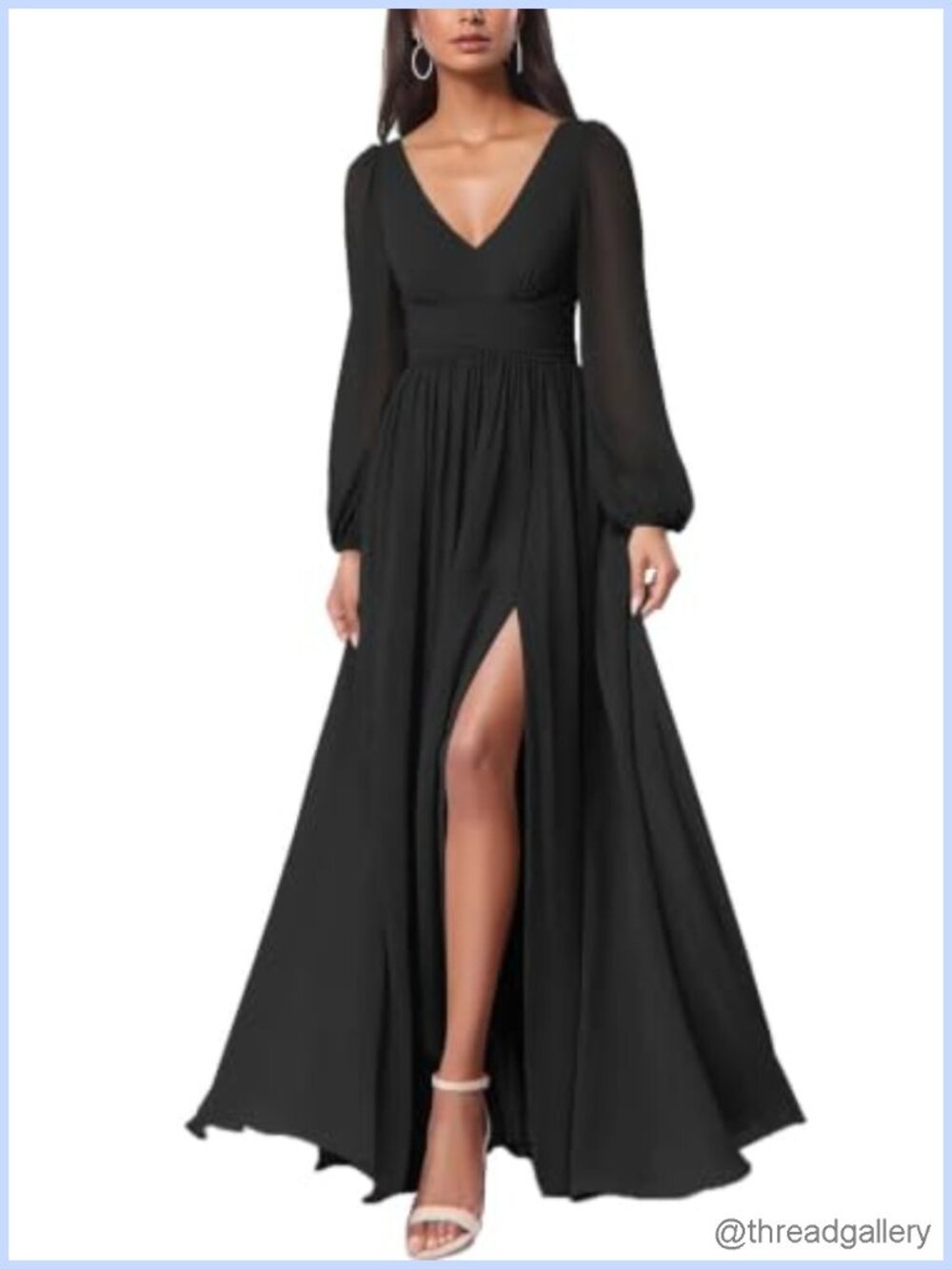 Mesh Long Sleeve Deep V Neck Open Back Slit Leg Maxi Dress Formal Wedding Guest